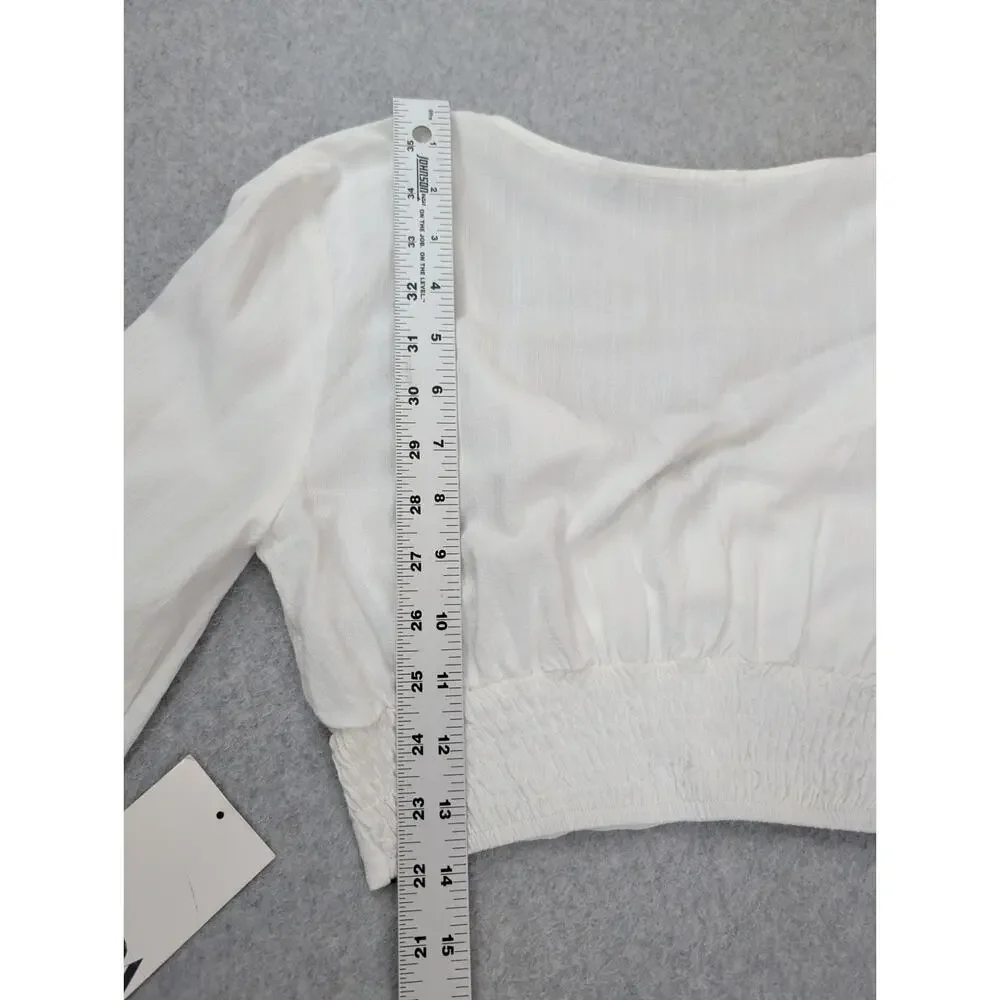 Zara Womens Crop Top Blouse Lace White XS Smocked Waist Long Sleeve Deep V-Neck